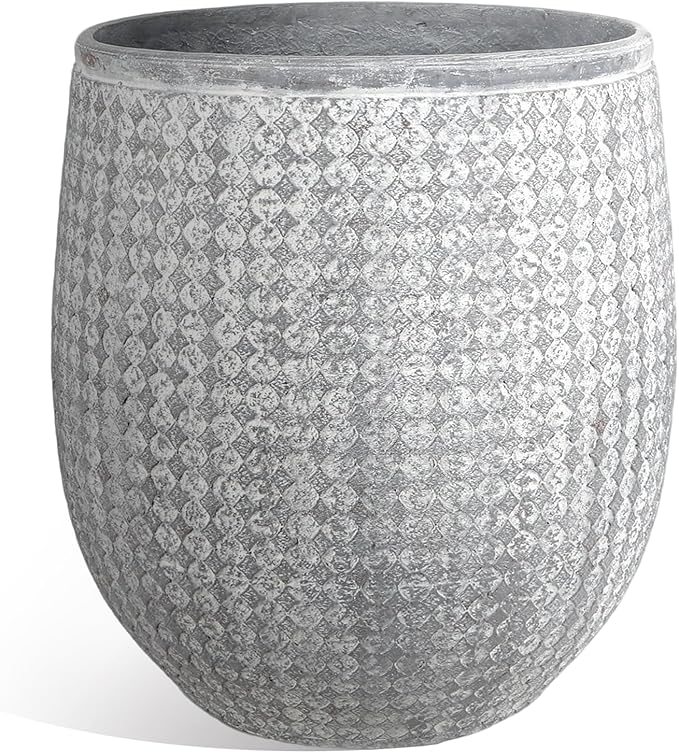Worth 12" Round Planter, Lightweight Magnesium Oxide Cement Plant Pot, Raised Pattern Concrete Look with Drainage Hole for Indoor or Outdoor Use, Grey