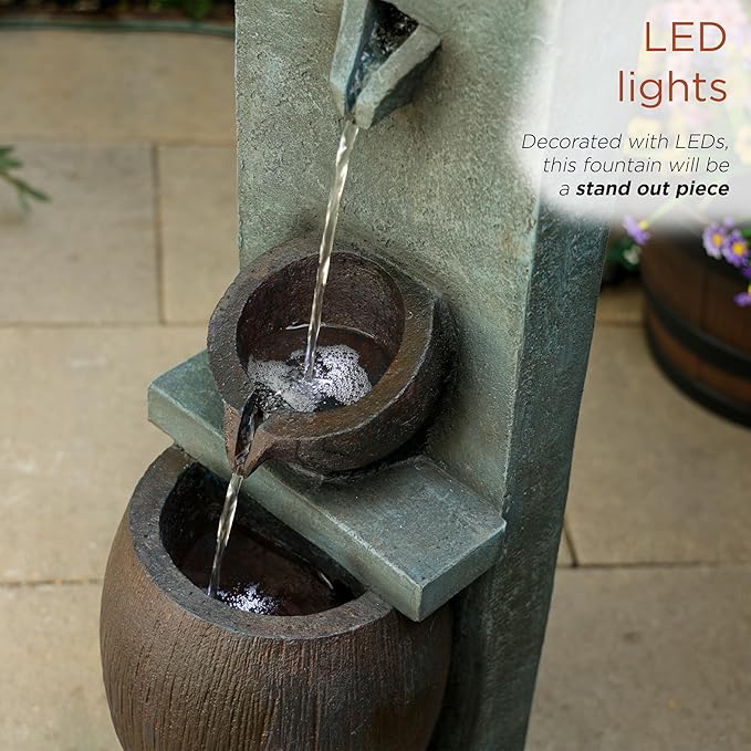 Alpine Corporation TZL388 32" 3 Tier Jar Fountain with LED Lights, Elegant Outdoor Water Feature for Garden, Patio, Backyard, Home Décor, Ceramic Water Fountain & Landscape Decorations, Gray