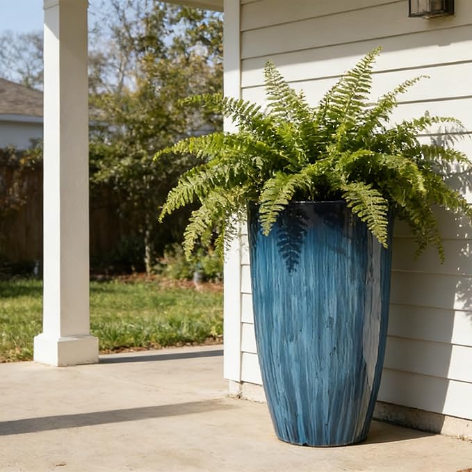 Worth Garden 23.5" Tall Plastic Planters Set of 2 with Drainage Holes, Gradient Blue Glossy Finish, Large Lightweight Round Plant Pots for Indoor Outdoor Use, Decorative Flower Pots for Front Porch