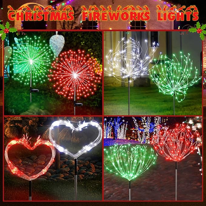 6 Pcs Christmas in July Solar Firework Stake Lights 180 LED 8 Modes Solar Waterproof LED Sparkler Lights Outdoor Decoration for Garden Patio Yard Pathway Walkway Lawn Xmas (Red Green White)