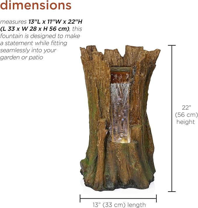 Alpine Corporation TZL294 Outdoor Tree Trunk Floor Fountain with Cool White LED Lights, Tiered Garden Decor, 22" H, Brown
