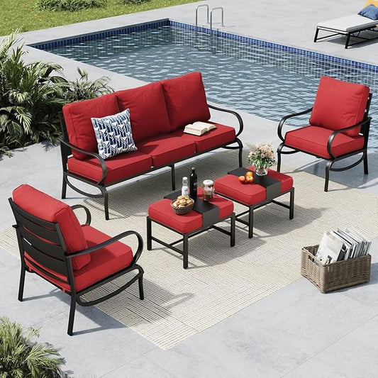 MFSTUDIO 5 Pieces Patio Conversation Sets, 7 Seats Metal Patio Furniture Sets with 1 x 3-Seat Sofa, 2 x Sofa Chairs, 2 x Ottoman, All Weather Steel Patio Sets with 5.75inch Red Cushion for Garden