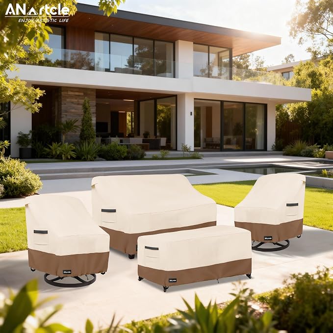 ANartcle Patio Furniture Covers 4 Piece Set, 600D Waterproof Heavy Duty Outdoor Furniture Covers,Fit Wicker Patio Sofa, Swivel Rocker Chair and Coffee Table,Beige&Brown - Image 4