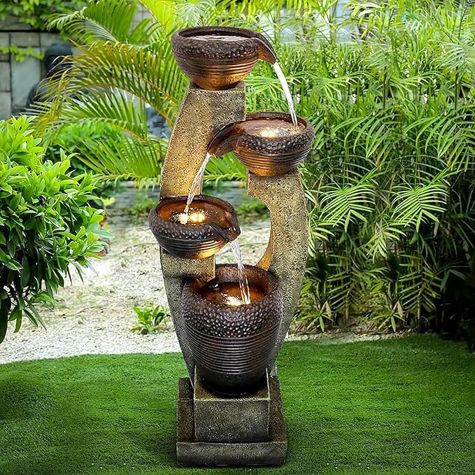 Naturefalls 40" Tall Outdoor Water Fountain and Waterfalls - Large Garden Fountain with LED Lights, 4-Tier Crocks, Indoor and Outdoor Fountains for Garden, Patio, Deck, Porch, Backyard and Home, Gray