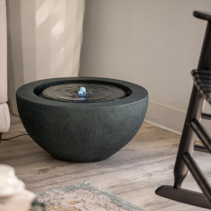 XBrand 19.8" W Round Sphere Water Fountain Indoor Outdoor with LED Light, Polyresin Bubbler Feature for Patio Garden Yard Home Décor, Dark Green