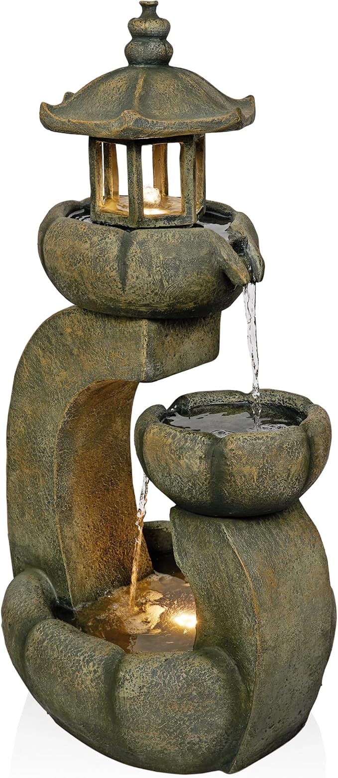 Alpine Corporation 32" Tall 2-Layer Pagoda Polystone Fountain with LED Lights, Cascading Waterfall, Outdoor Garden and Patio Water Feature, Zen Decor, Relaxing Sound, Brown