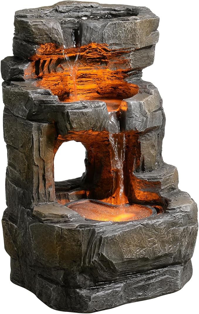 Kalona Outdoor Waterfall Fountain with LED Lights - 3-Tier Resin Rock Water Feature for Garden Patio Backyard, 21.5" Tall Fountain Decor 24392