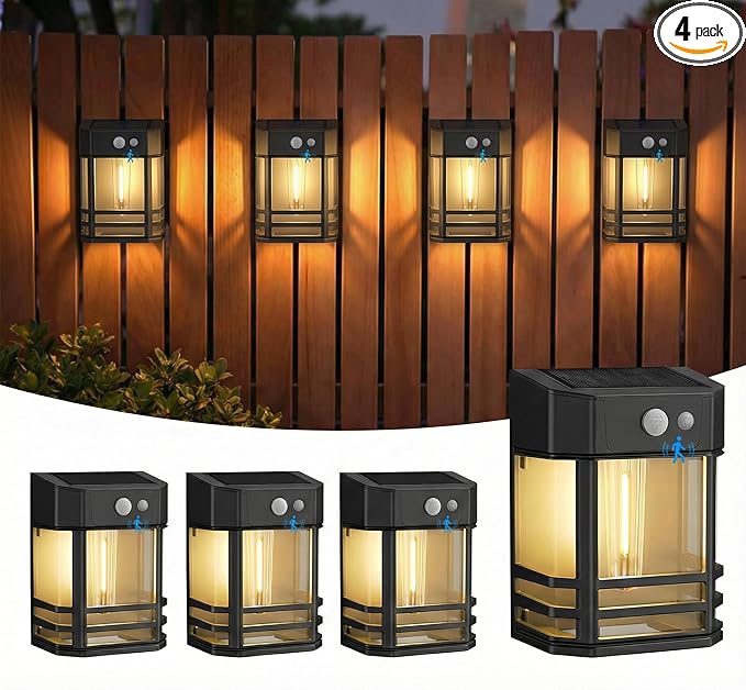btfarm Solar Fence Lights Outdoor, 4 Pack Motion Sensor Dusk to Dawn Fence Lights Solar Powered, 3 Modes IP65 Waterproof Solar Deck Post Lights for Fence Garden Step Patio Stair Backyard