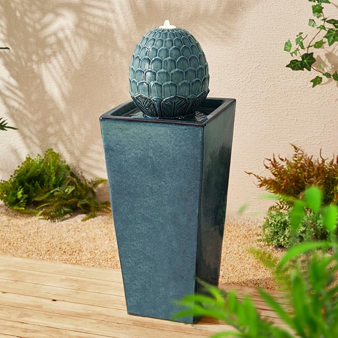 Glitzhome 35.75" H Tall Ceramic Outdoor Water Fountain with LED Light Oversized Artichoke Pedestal Fountains with Submersible Pump Patio Fountain Waterfall for Garden Patio Deck Porch, Turquoise