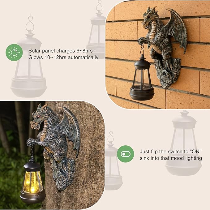 Solar Dragon Lamp Garden Statue - Outdoor Medieval Fantasy Decoration for Garden, Yard Art & Lawn Ornaments, Weather-Resistant Solar Lantern Figurine Gift