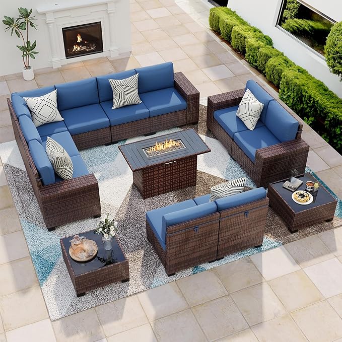 13 Piece Patio Furniture Set with Fire Pit Table, Wide Armrest Outdoor Sectional Sofa Brown Wicker Rattan Conversation Sets, 4'' Thickened Cushion Navy Blue