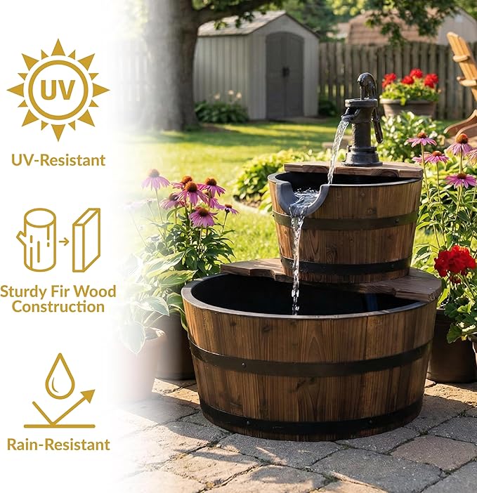 Sunnydaze 2-Tier Wood Barrel Water Fountain - 23-Inch Vintage Water Pump Fountain with Submersible Pump - for Garden, Patio, Decks