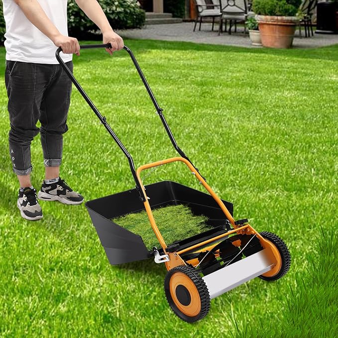 16-Inch Lawn Mower Cordless Push Reel Lawn Mower Manual Grass Cutter Machine Adjustable Cutting Height 0.47-1.65 in with 5-Edged Blades for Villas, Homes, Backyards, Park Landscaping - Image 5