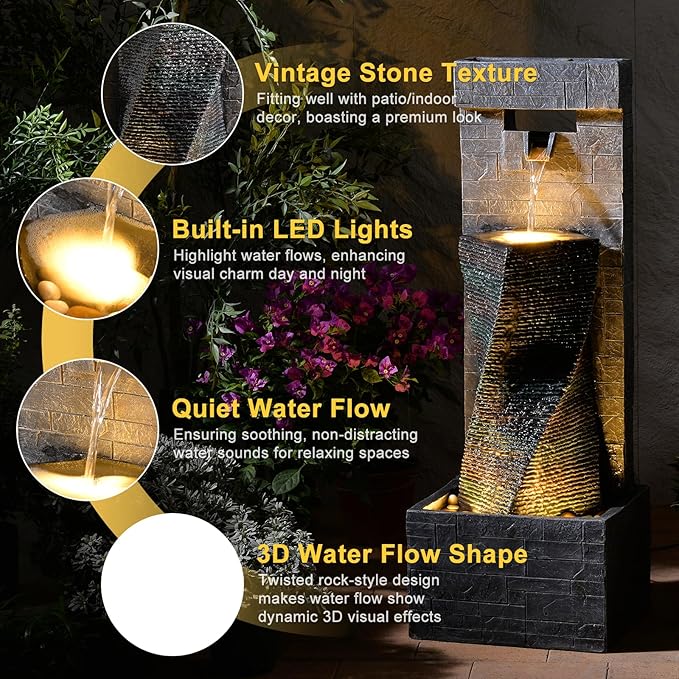 39.8" H Large Modern Indoor Water Fountains Floor Standing Waterfall Fountain for Indoor or Outdoor with LED Lights and Pump for Deck, Patio, Porch, Garden, Yard Decor