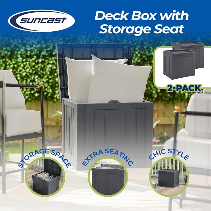 Suncast 2 Pack 22 Gallon Indoor or Outdoor Backyard Patio Small Storage Deck Box with Attractive Bench Seat and Reinforced Lid, Stone Gray - Image 2