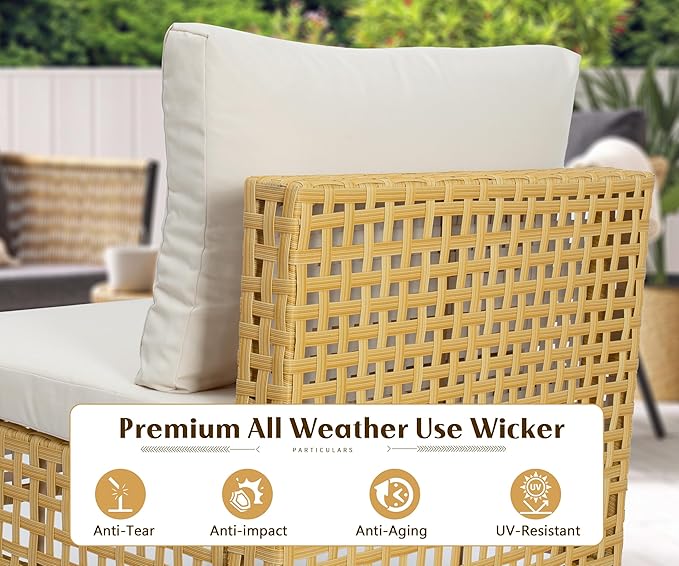 LHBcraft 4 Piece Wicker Patio Furniture Set Boho, Modular Outdoor Couch, Outdoor Conversation Set Sectional Sofa with Water Resistant Fluffy Cushions and Coffee Table, Beige