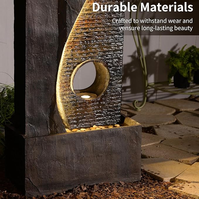 47 inches Outdoor Water Fountain Garden Waterfall Indoor Large Water Feature Freestanding Fountains with LED Strips, Three spouts for Patio Backyard Deck Porch Home Decor, Dark Gray
