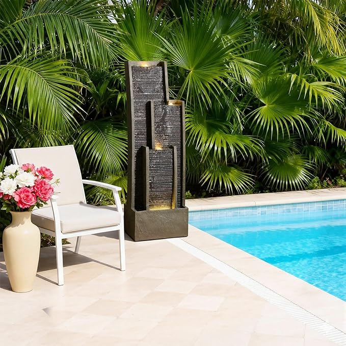 40.5" H Large Modern Indoor Water Fountains - Floor Standing Waterfall Fountain for Indoor or Outdoor with LED Light and Pump for Deck, Patio, Porch, Garden, Yard Decor, Outside Water Feature