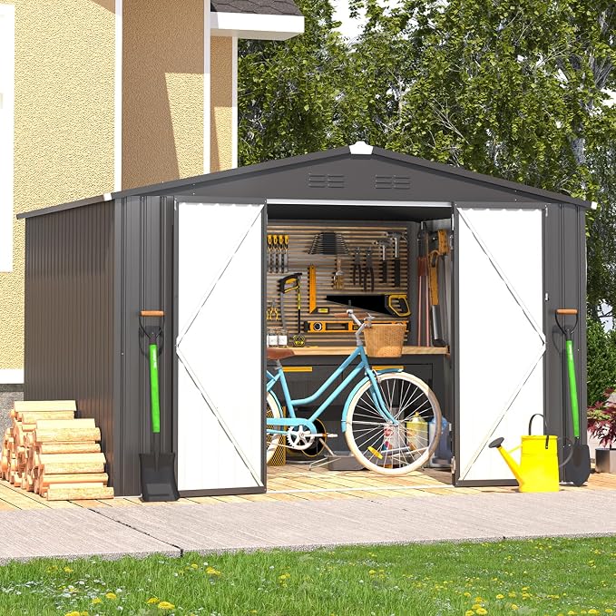 AECOJOY 8' x 10' Outdoor Storage Metal Shed, Dark Grey Steel Yard Shed & Outdoor Storage Clearance with Design of Lockable Doors, Utility and Tool Storage for Garden, Backyard, Patio, Outside use - Image 5