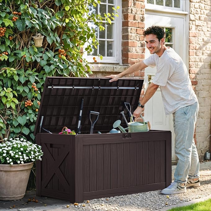 Greesum 120 Gallon Deck Box, Resin Outdoor Storage Container for Patio Furniture, Garden Tools, Pool Accessories, Weatherproof, Lockable, Brown - Image 2