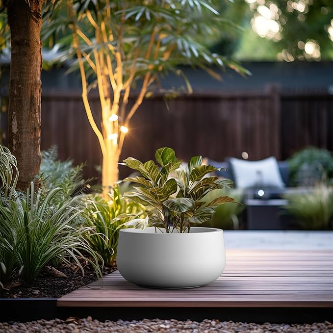 Kante 19.6" Dia Round Concrete Planter, Outdoor Indoor Garden Plant Pots with Drainage Hole and Rubber Plug, Modern Curvaceous Design, Pure White