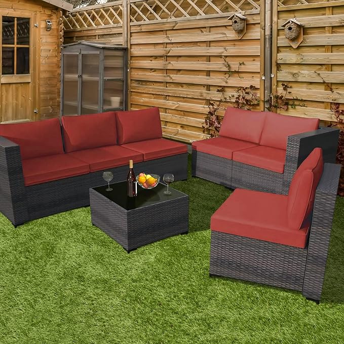 Patio Furniture Set 7 Piece Outdoor Wicker Sectional Sofa - All Weather High Backrest PE Rattan Couch Conversation Set with Cushion & Glass Top Table for Backyard Deck (Red, L-7 pcs w/glass table)