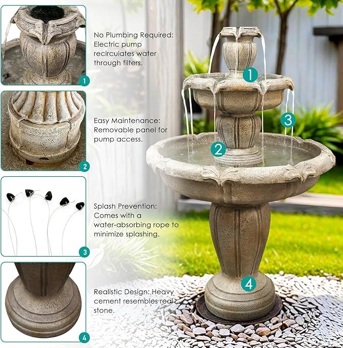 SunJet 48” High Modern Concrete Outdoor Water Fountain - 3 Tiered Large Floor Water Fountain and Waterfalls with Electric Pump for Garden, Patio, Yard, and Deck Decor, Featuring Natural Stone Look