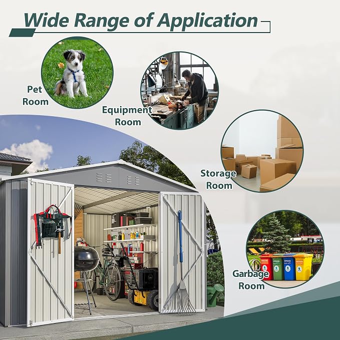 YOPTO 10×10 FT Outdoor Storage Shed,Metal Aluminum Waterproof Tool Sheds with Doors and Vents,Heavy-Duty Sheds Unit W/Lock and Key,for Storing Bicycles,Lawnmowers,Barbeques,Gray - Image 7