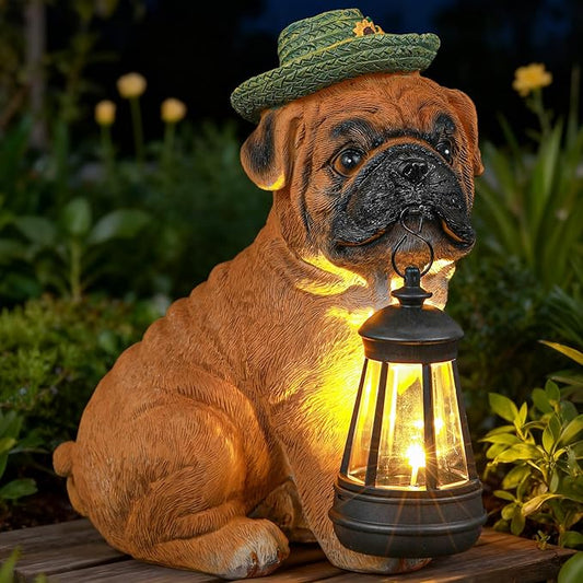 Solar Dog Outdoor Garden Statue with Lantern, French Bulldog Figurine with LED Lights, Lawn Decor for Patio, Yard Ornament, Unique Valentine's Day Birthday Gift for Women Mom Gardener