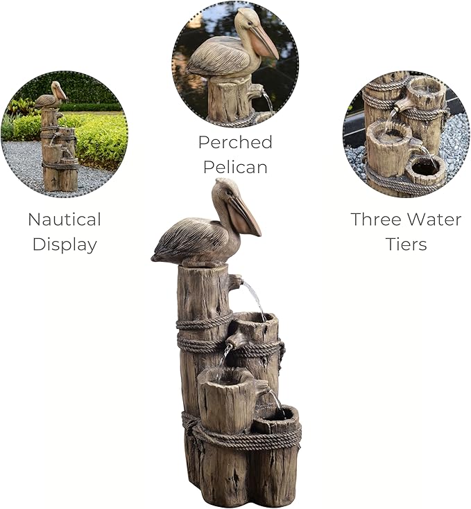 Teamson Home Nautical 3 Tiered Floor Waterfall Fountain with Pelican and Wooden Post, Pump for Outdoor Patio Garden Backyard Decking, 35 Inch Height, Brown