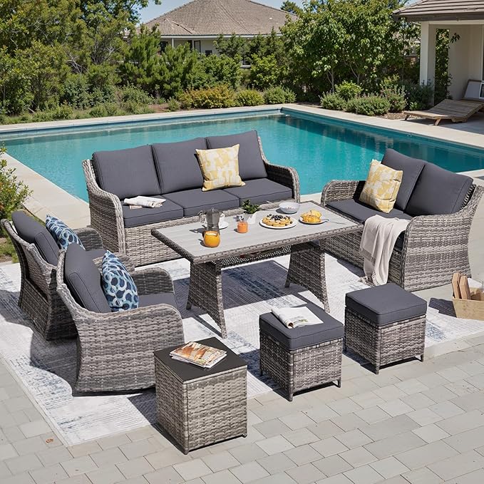 MEISSALIVVE 8 Pieces Patio Furniture Set with Swivel Rocking Chairs, Patio Conversation Set with Dining Table, Patio Dining Set with Waterproof Cushions for Lawn Backyard Porch (Grey)