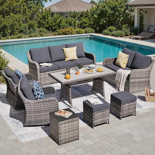 MEISSALIVVE 8 Pieces Patio Furniture Set with Swivel Rocking Chairs, Patio Conversation Set with Dining Table, Patio Dining Set with Waterproof Cushions for Lawn Backyard Porch (Grey)