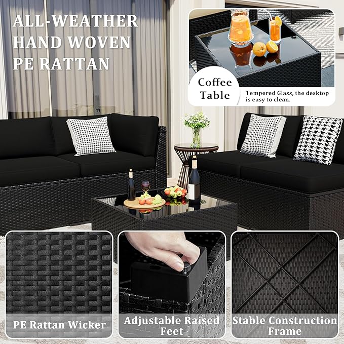 Patio Furniture Set, 7 Pieces Outdoor Sectional Sofa Set with Waterproof Cover, Black PE Wicker Rattan Slanted Back Outdoor Conversation Set with Cushions and Glass Coffee Table, Black