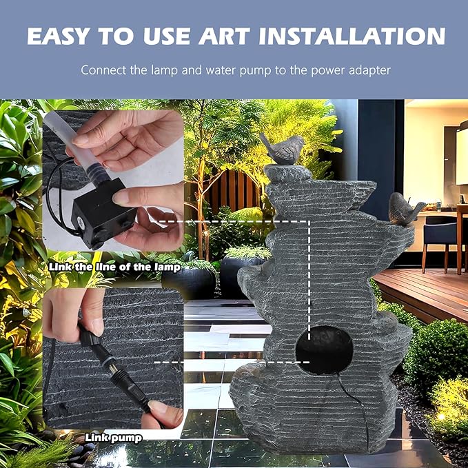 7 Tiers Cascading Rock Water Fountain with LED Lights, Outdoor Waterfall Fountain for Garden, Deck, Backyard, Patio, Porch, Natural Stone Look