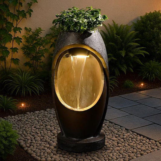 Waterfalll Water Fountain Outdoor Garden Patio Freestanding Fountains Water Feature with LED Lights, Planter Groove and Oval Cutout Design for Backyard Deck Porch Home Decor, Brown