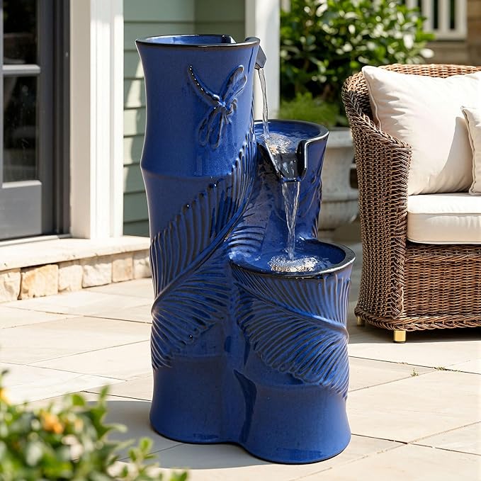 25.5" H Ceramic Outdoor Water Fountain with LED Lights, 3-Tier Bamboo-Style Water Feature with Leaf & Dragonfly Patterns, Soothing Tranquil Waterfall for Garden, Patio & Yard, Cobalt Blue