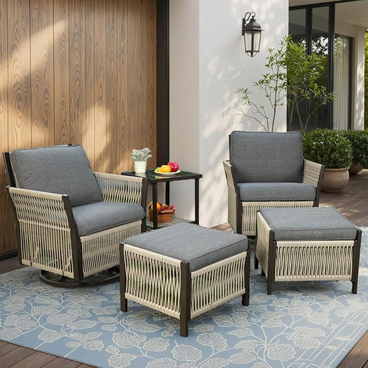 5 Piece Patio Bistro Furniture Set with Ottoman and Glass Side Table Swivel Rocker Glider Outdoor Chairs Set of 2, High Back Wicker Patio Conversation Set for Deck Porch Sunroom (Grey)