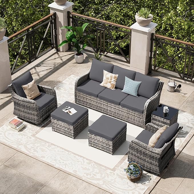 MEISSALIVVE Patio Furniture Set with Swivel Rocking Chairs, 6 Pieces Patio Conversation Set, Outdoor Wicker Sofa Couch with Waterproof Cushions for Lawn Backyard Porch (Grey)