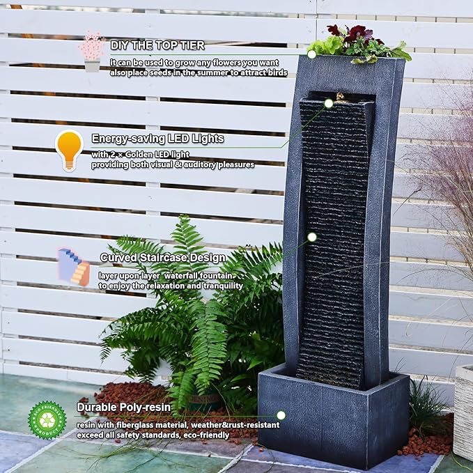 Water Fountain Outdoor Curved Faux Slate Waterfall Feature Freestanding Fountains Indoor Floor Standing Water Fountainswith LED Lights, Pump, Natural Stones for Garden, Patio
