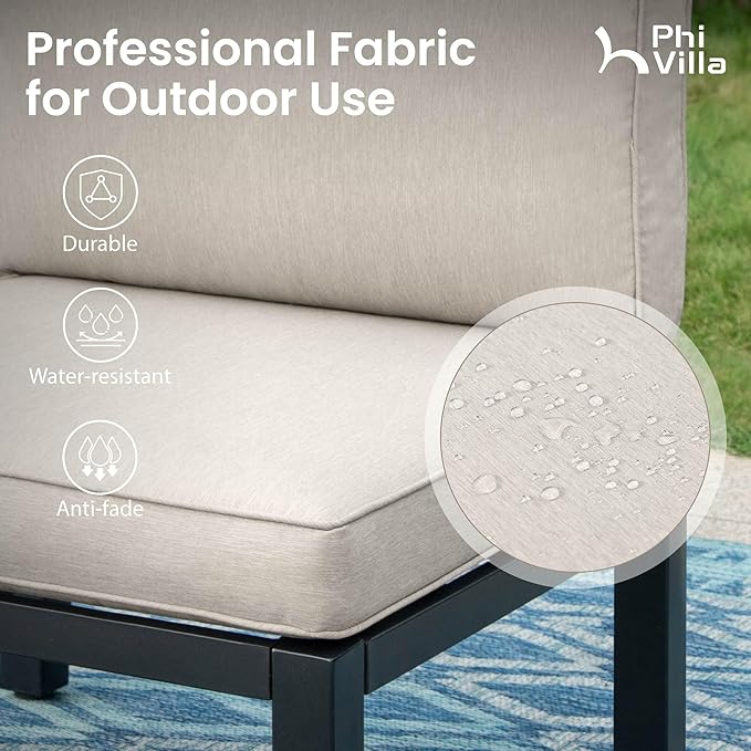 PHI VILLA 3 Pieces Outdoor Patio Furniture Set,Metal Frame Modern Outdoor Sectional Sofa Set,4 Seats Patio Conversation Sets with Coffee Table,for Poolside and Backyard,Light Grey