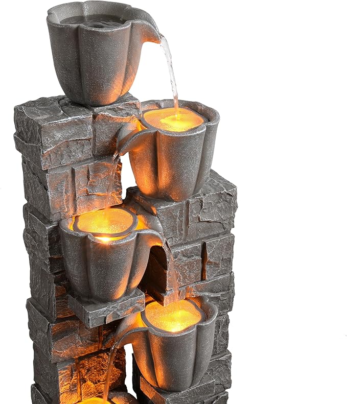 Cheng Pin Solar Powered Outdoor Water Fountain -38.2 in. Tall 4 Tiers Waterfall Fountain with Tulip Design and LED Lights,Create Outside Natural Water Feature for Garden,Patios,Lawns,Grey