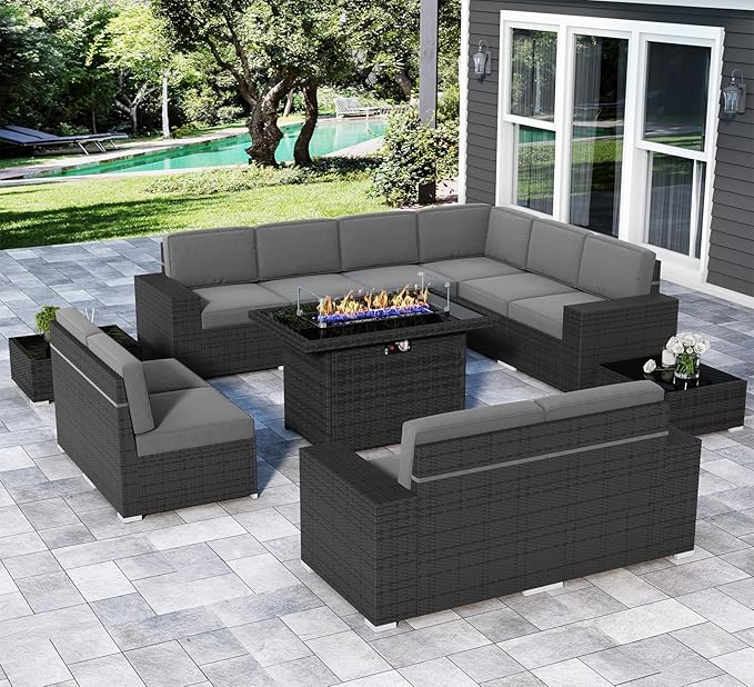 13 Pieces Patio Furniture Set with 44" Propane Gas Fire Pit Table, Outdoor Sectional Wicker Conversation Sofa Sets with Coffee Table
