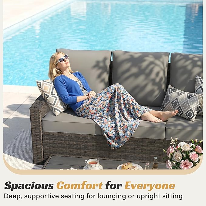 Outdoor Patio Furniture Set-6 All-Weather Wicker Outdoor Furniture with Patio Recliner Chairs Adjustable Back Outdoor Patio Conversation Sets for Garden Porch Deck Grey