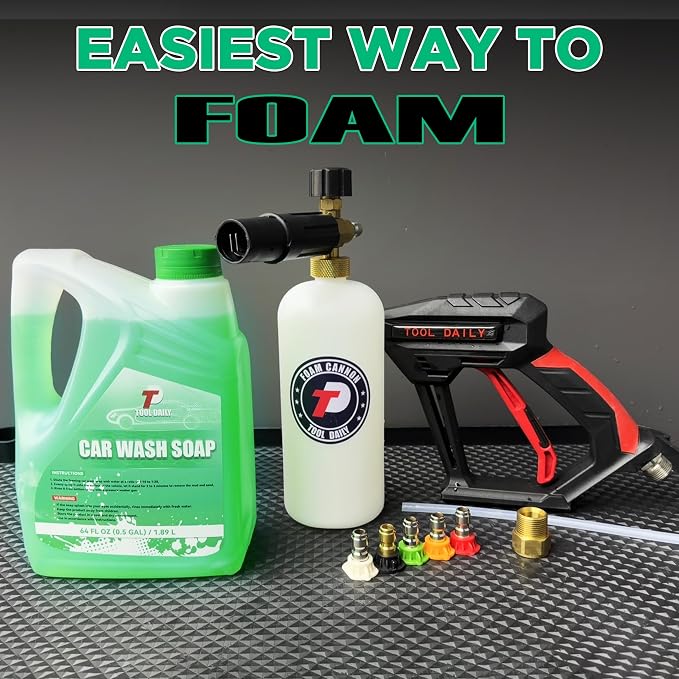 Tool Daily Short Pressure Washer Gun with Foam Cannon, Car Wash Soap 64 Oz, 5 Power Washer Nozzle Tips, 1/4 Inch Quick Connect - Image 9