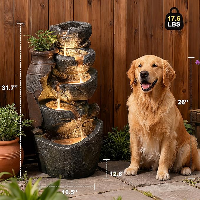 31.7" H Rock Jar Water Fountain Outdoor, 5-Tiers Cascading Outside Fountains and Waterfalls with 4 LED Lights for Patio, Deck, Porch, Backyard and Home Art Docor