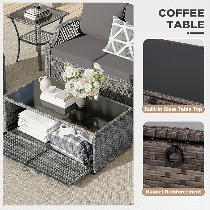 HOMREST 7 Piece Patio Furniture Set, Wicker Outdoor Conversation Set with Swivel Chairs, 2 Ottomans, Storage Coffee Table, Rattan Outdoor Sectional Sofa for Deck Backyard Porch 7 Seats Gray
