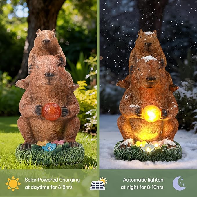 Capybara Solar Garden Statue, Outdoor Capybara Statue with Ball Light, Funny Double Capybara Decor for Women Mom, Capybara Figurine for Yard Garden Patio Lawn Ornaments