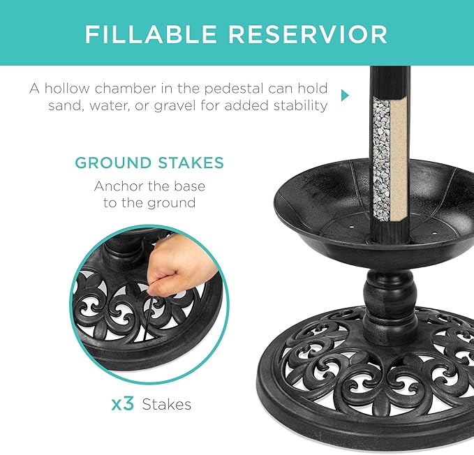 Best Choice Products Outdoor Solar Lighted Pedestal Bird Bath Fountain Decoration w/Planter, Integrated Panel, Scroll Accents for Lawn, Garden - Black