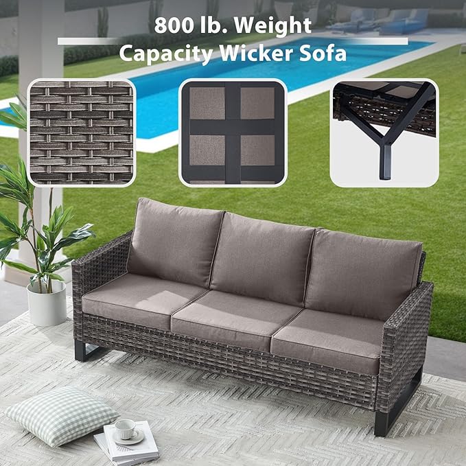 6 Piece Wicker Patio Furniture with Fire Pit Table - Outdoor Conversation Set with 50,000 BTU Fire Pit, All Weather Rattan Patio Set for Deck Backyard Garden - Grey Wicker Grey Cushion