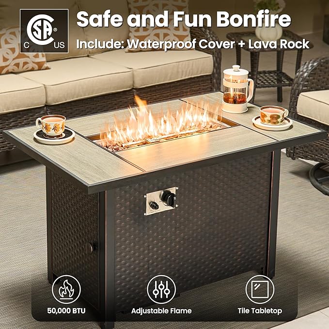 ovios 7-Piece Patio Furniture Set with Swivel Chairs Coffee Table, Outdoor Wicker Sofa with 42" Fire Pit Table, High Back Couch Modern Conversation Sets, Brown/Beige